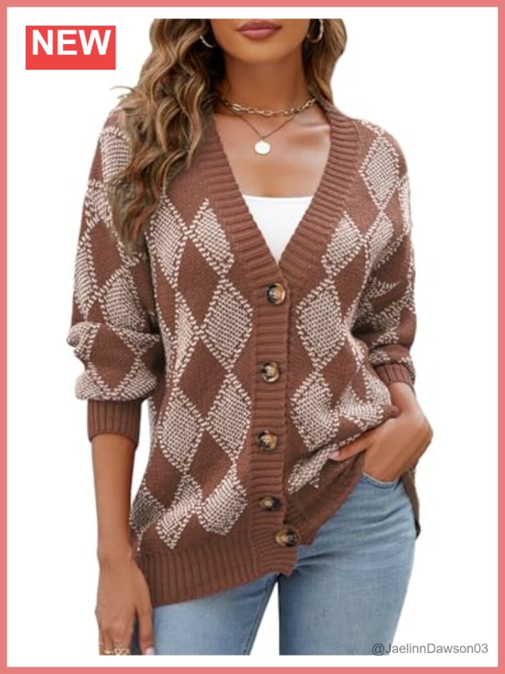 Argyle Plaid Cardigan Sweater Long Sleeve Button Down Chunky Knit